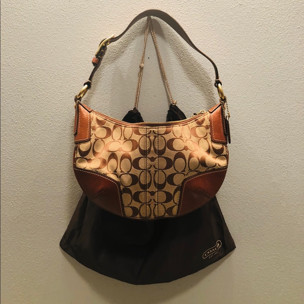 Coach Brown Jacquard Hobo Purse Leather Strap